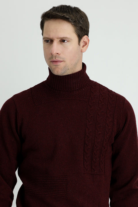 Dark Burgundy Turtleneck Regular Fit Patterned Wool Knit Sweater
