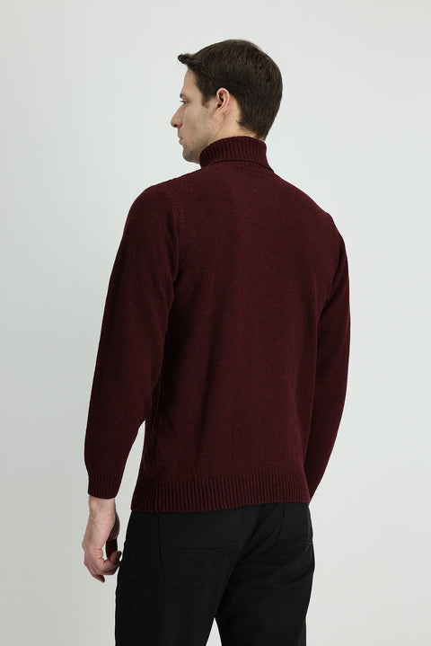Dark Burgundy Turtleneck Regular Fit Patterned Wool Knit Sweater