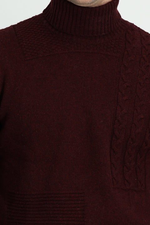 Dark Burgundy Turtleneck Regular Fit Patterned Wool Knit Sweater