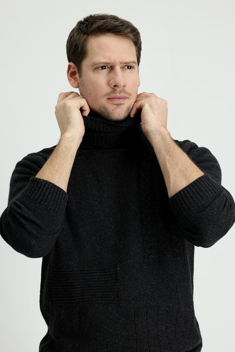 Dark Anthracite Turtleneck Regular Fit Patterned Wool Knit Sweater