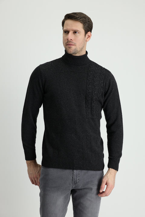 Dark Anthracite Turtleneck Regular Fit Patterned Wool Knit Sweater