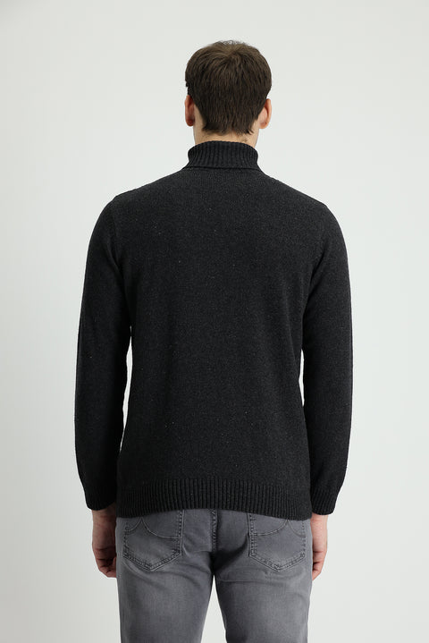 Dark Anthracite Turtleneck Regular Fit Patterned Wool Knit Sweater