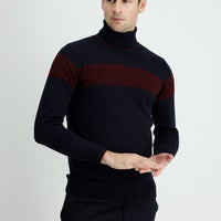 Dark Navy Turtleneck Slim Fit Patterned Wool Knit Sweater