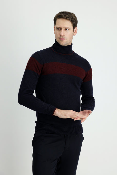 Dark Navy Turtleneck Slim Fit Patterned Wool Knit Sweater