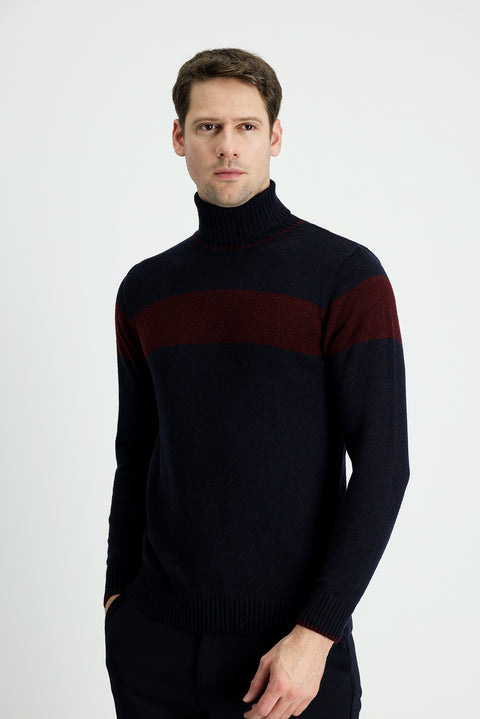 Dark Navy Turtleneck Slim Fit Patterned Wool Knit Sweater