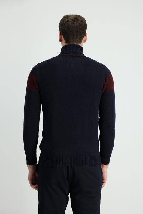 Dark Navy Turtleneck Slim Fit Patterned Wool Knit Sweater
