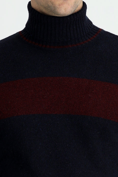 Dark Navy Turtleneck Slim Fit Patterned Wool Knit Sweater