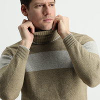 Medium Beige Turtleneck Slim Fit Patterned Wool Knit Sweater
