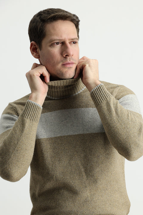 Medium Beige Turtleneck Slim Fit Patterned Wool Knit Sweater