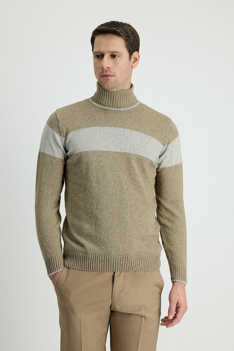 Medium Beige Turtleneck Slim Fit Patterned Wool Knit Sweater
