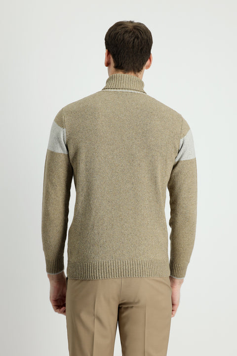 Medium Beige Turtleneck Slim Fit Patterned Wool Knit Sweater