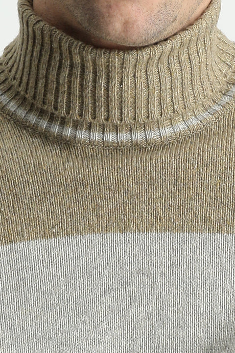 Medium Beige Turtleneck Slim Fit Patterned Wool Knit Sweater