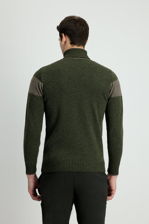 Orta Haki Balıkçı Yaka Slim Fit Dar Kesim Desenli Yünlü Triko Kazak