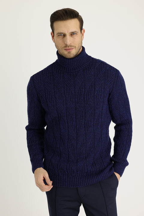 Dark Navy Turtleneck Regular Fit Patterned Wool Knit Sweater
