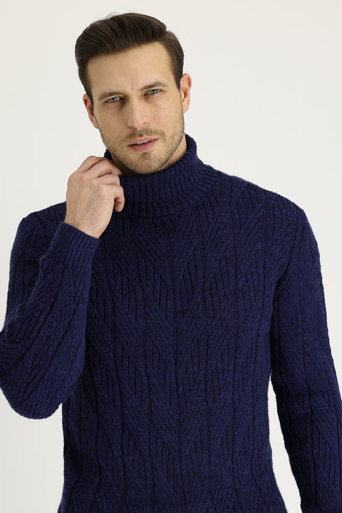 Dark Navy Turtleneck Regular Fit Patterned Wool Knit Sweater