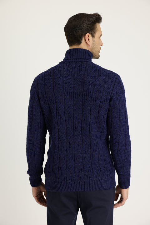 Dark Navy Turtleneck Regular Fit Patterned Wool Knit Sweater