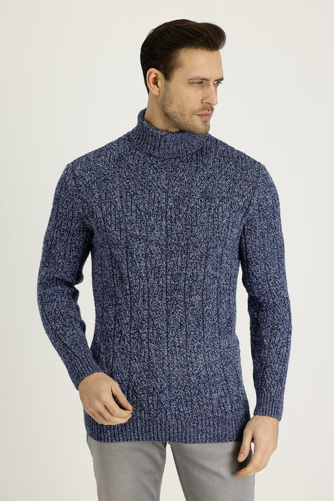 Dark Navy Melange Turtleneck Regular Fit Patterned Wool Knit Sweater
