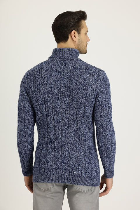 Dark Navy Melange Turtleneck Regular Fit Patterned Wool Knit Sweater