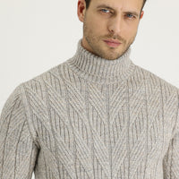 Light Beige Turtleneck Regular Fit Patterned Wool Knit Sweater