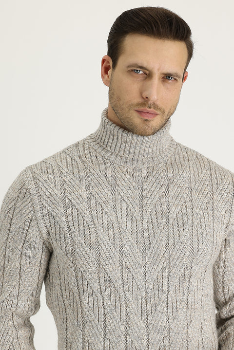 Light Beige Turtleneck Regular Fit Patterned Wool Knit Sweater
