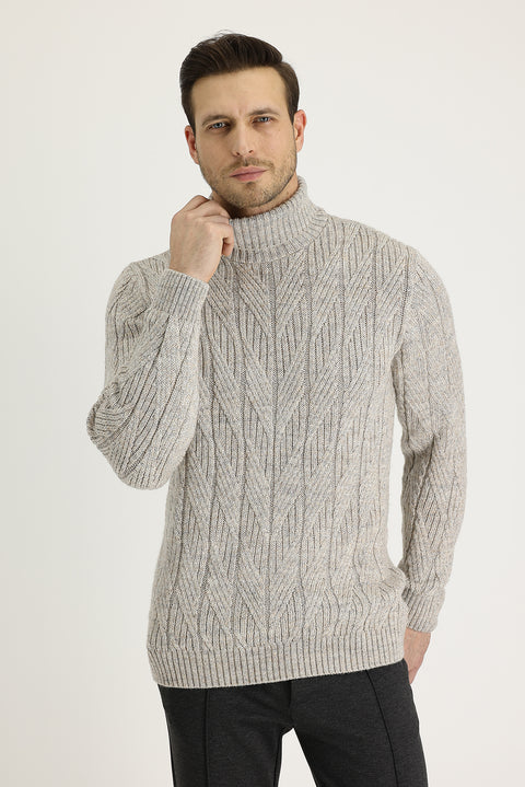 Light Beige Turtleneck Regular Fit Patterned Wool Knit Sweater