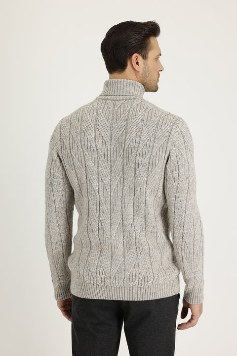 Light Beige Turtleneck Regular Fit Patterned Wool Knit Sweater