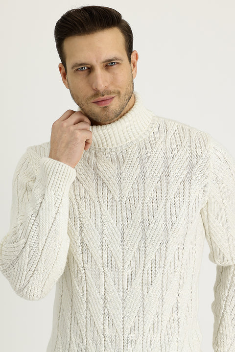 Off-white Turtleneck Regular Fit Patterned Wool Knit Sweater