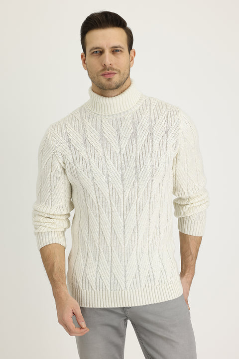 Off-white Turtleneck Regular Fit Patterned Wool Knit Sweater