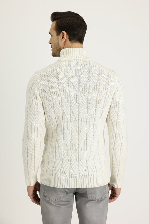 Off-white Turtleneck Regular Fit Patterned Wool Knit Sweater