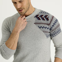 Medium Grey Crew Neck Slim Fit Patterned Wool Knit Sweater