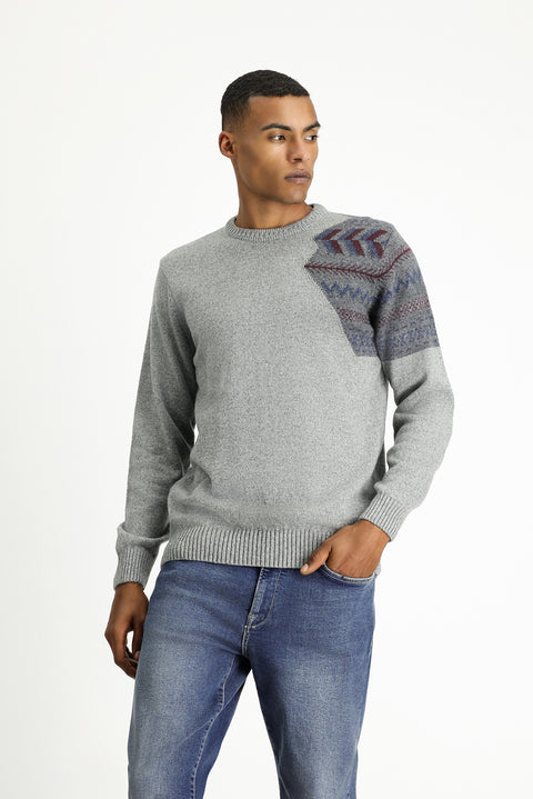 Medium Grey Crew Neck Slim Fit Patterned Wool Knit Sweater