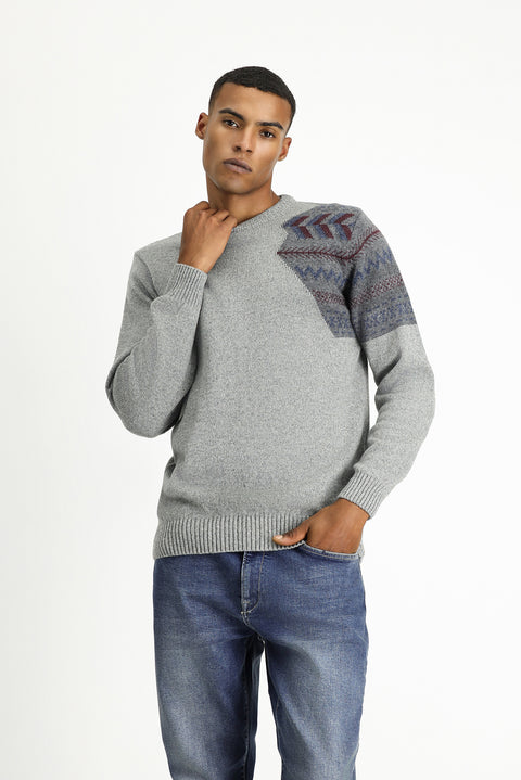 Medium Grey Crew Neck Slim Fit Patterned Wool Knit Sweater