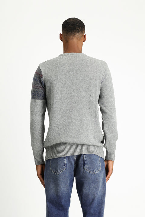 Medium Grey Crew Neck Slim Fit Patterned Wool Knit Sweater