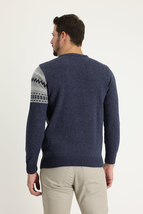 Havacı Mavi Bisiklet Yaka Slim Fit Desenli Yünlü Triko Kazak