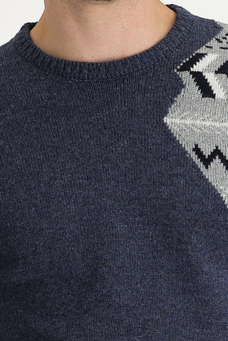  Havacı Mavi Bisiklet Yaka Slim Fit Desenli Yünlü Triko Kazak