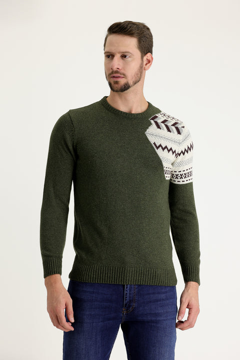 Orta Haki Bisiklet Yaka Slim Fit Desenli Yünlü Triko Kazak