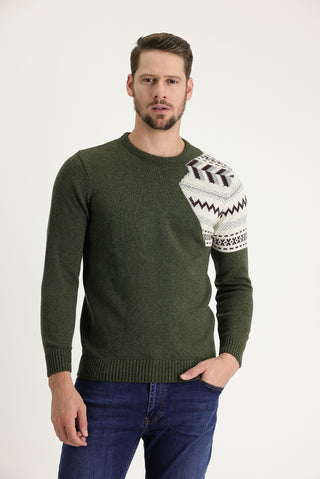  Orta Haki Bisiklet Yaka Slim Fit Desenli Yünlü Triko Kazak