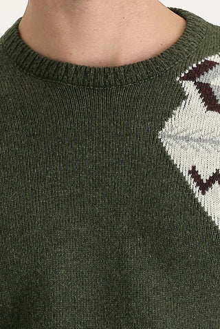  Orta Haki Bisiklet Yaka Slim Fit Desenli Yünlü Triko Kazak