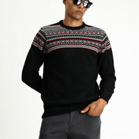 Black Crew Neck Slim Fit Narrow Cut Wool Patterned Knit Sweater