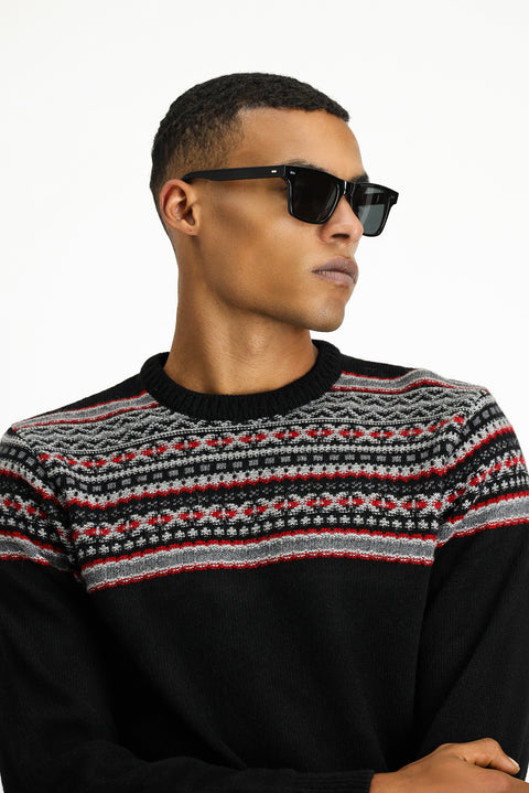 Black Crew Neck Slim Fit Narrow Cut Wool Patterned Knit Sweater