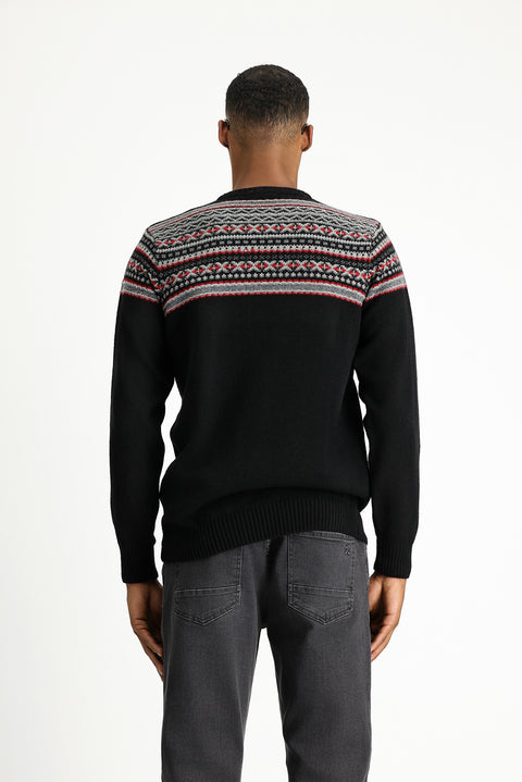 Black Crew Neck Slim Fit Narrow Cut Wool Patterned Knit Sweater