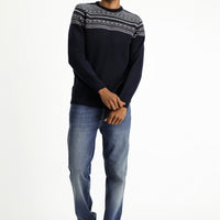 Dark Navy Crew Neck Slim Fit Narrow Cut Wool Patterned Knit Sweater