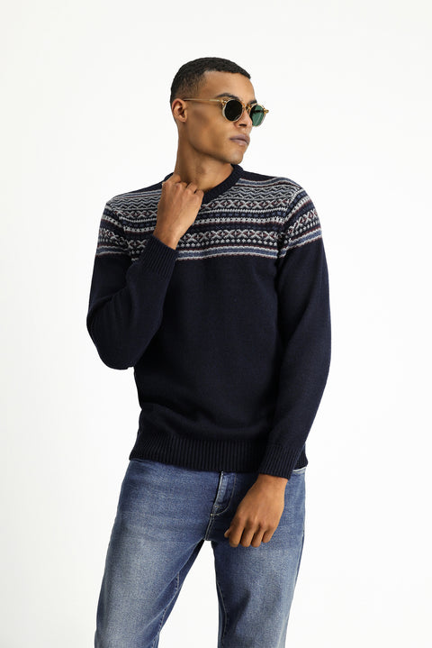 Dark Navy Crew Neck Slim Fit Narrow Cut Wool Patterned Knit Sweater