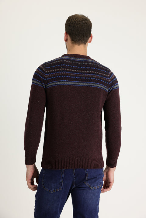 Şarap Bordo Bisiklet Yaka Slim Fit Dar Kesim Yünlü Desenli Triko Kazak