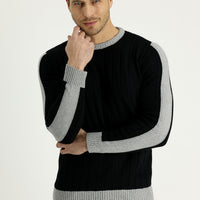 Black Crew Neck Slim Fit Narrow Cut Wool Patterned Knit Sweater