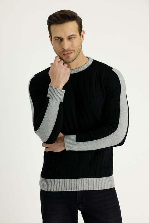 Black Crew Neck Slim Fit Narrow Cut Wool Patterned Knit Sweater