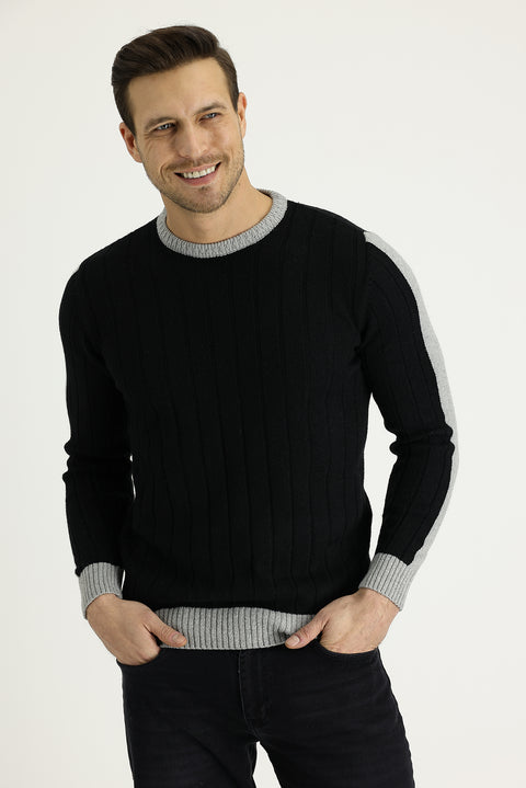 Black Crew Neck Slim Fit Narrow Cut Wool Patterned Knit Sweater