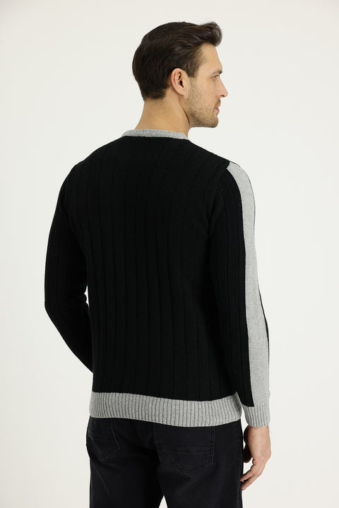 Black Crew Neck Slim Fit Narrow Cut Wool Patterned Knit Sweater