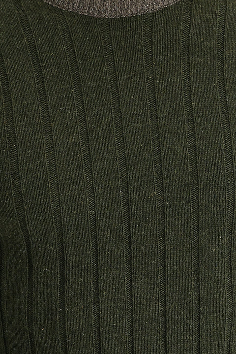 Orta Haki Bisiklet Yaka Slim Fit Dar Kesim Yünlü Desenli Triko Kazak
