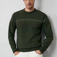 Medium Khaki Crew Neck Wool Patterned Regular Fit Knit Sweater